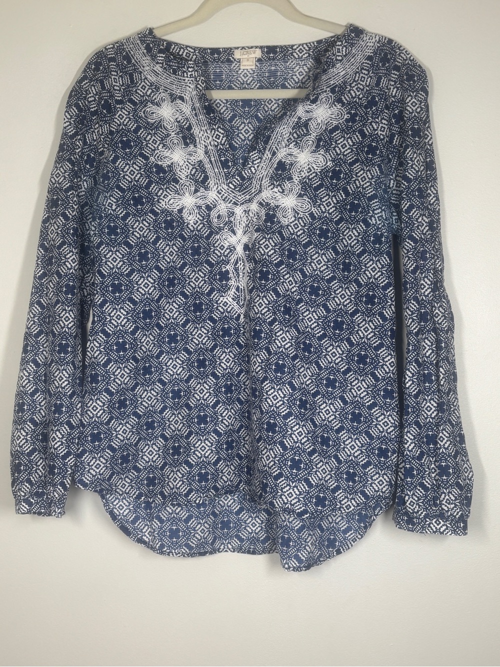 J. Crew Blue and White Embroidered V-Neck Tunic